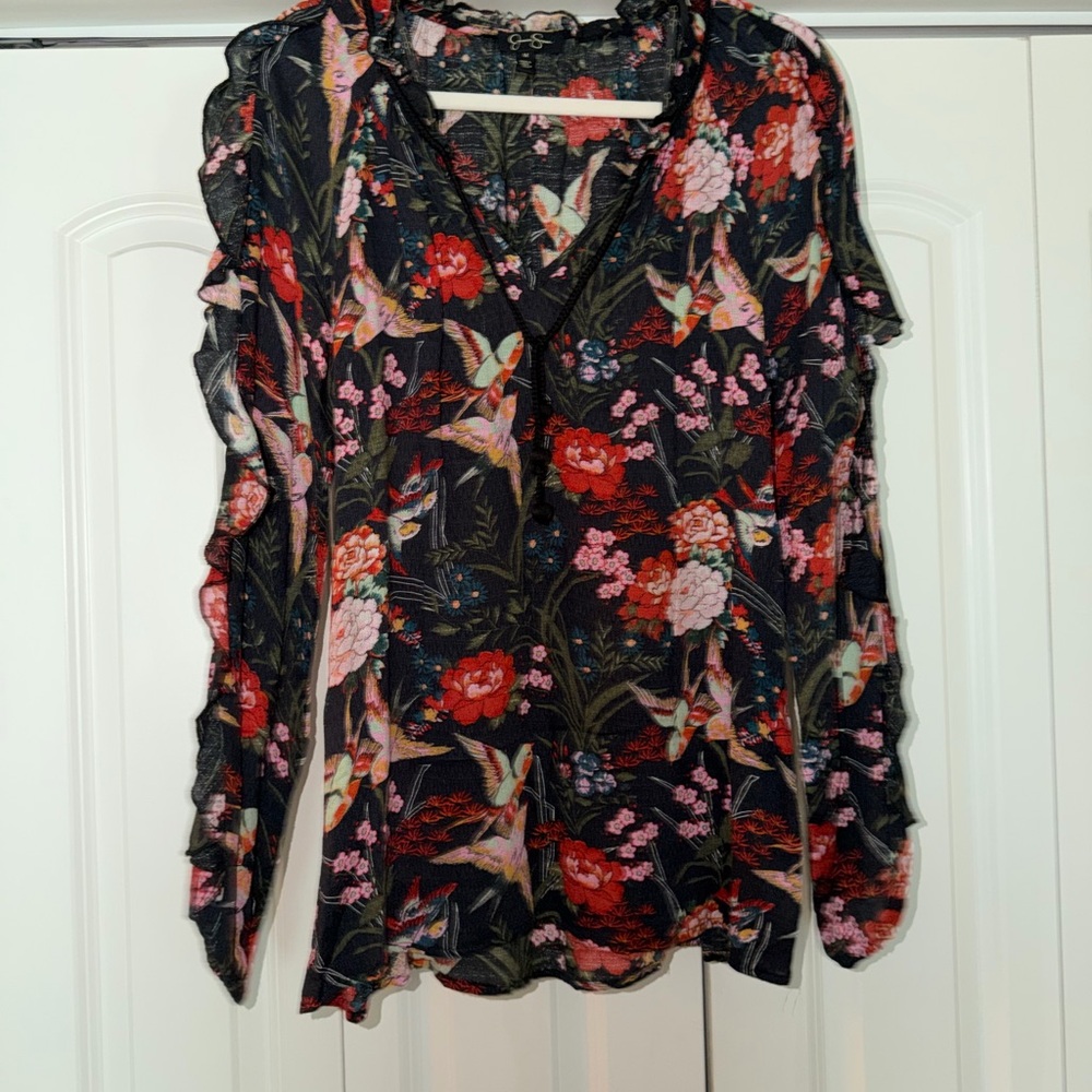 Jessica Simpson Black Floral & Bird Ruffle V-Neck Blouse